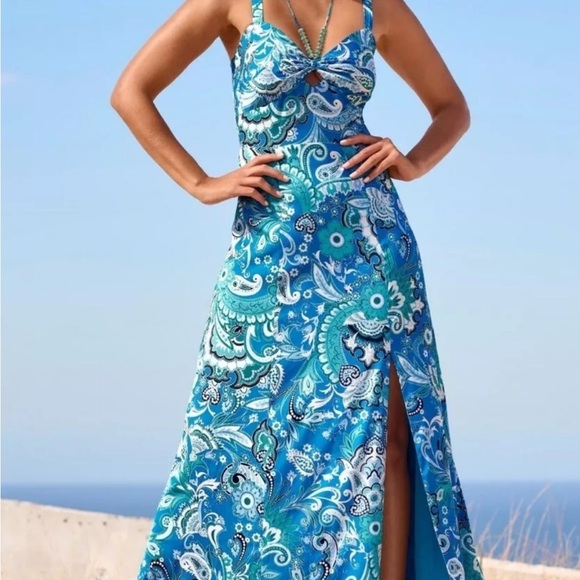 Boston Proper Dresses & Skirts - Boston Proper Stamped Floral Blues Print Necklace Detail  Maxi Dress, Size 10